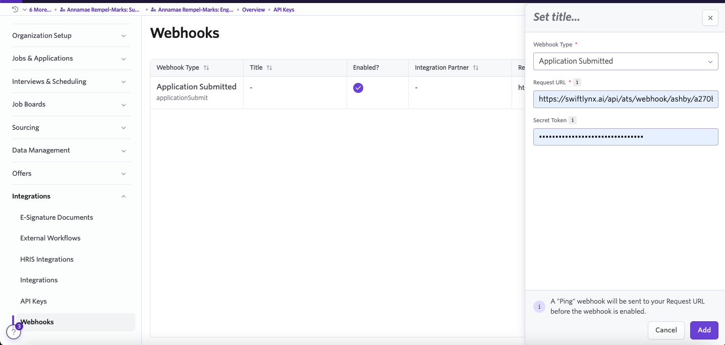Ashby webhook form with Request URL and Secret