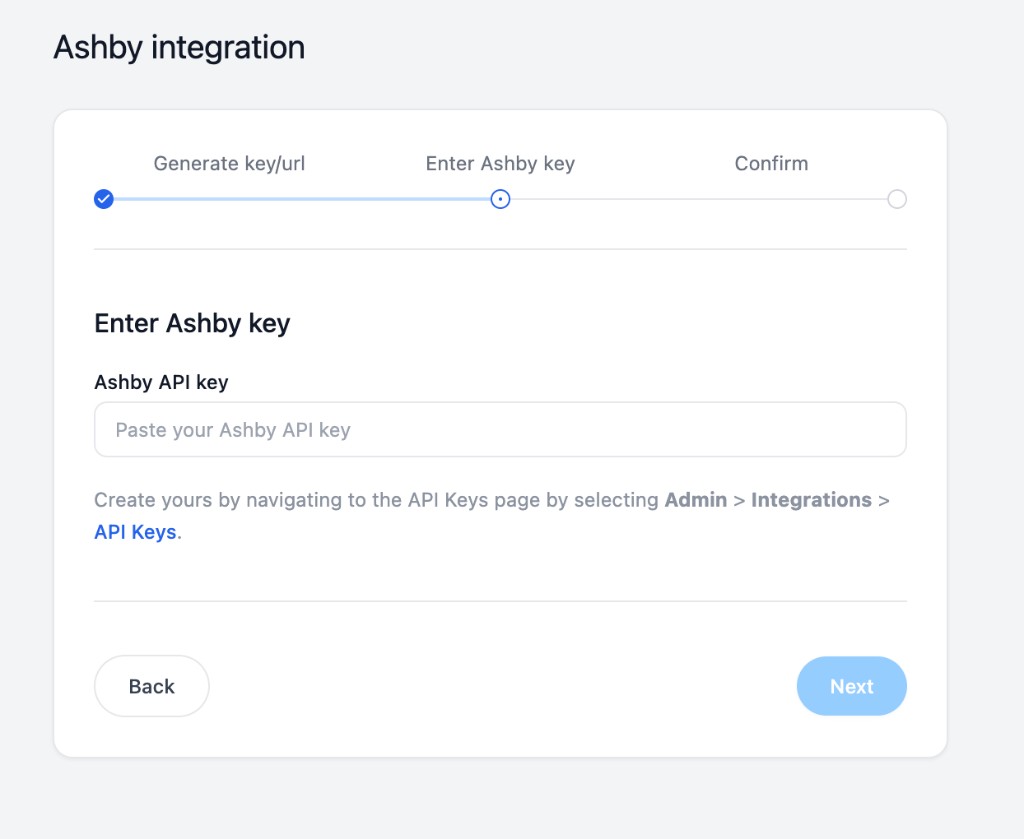 SwiftLynx Ashby integration setup on Enter Ashby key step with Ashby API key input and Next button