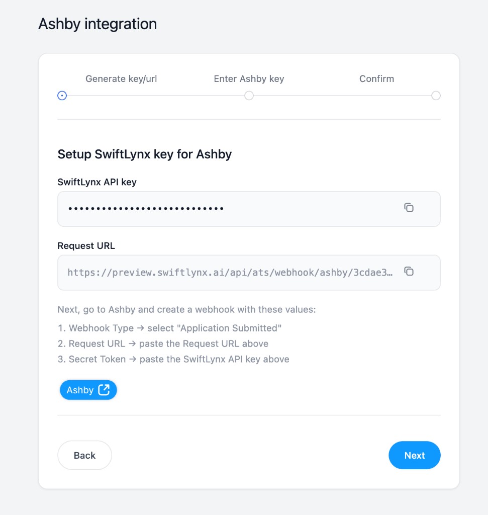 SwiftLynx Ashby integration setup showing Secret Token and Request URL with copy buttons