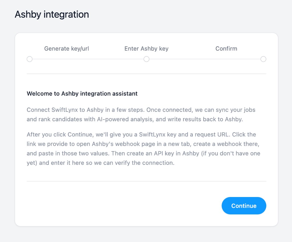 SwiftLynx Ashby integration welcome step with Continue button
