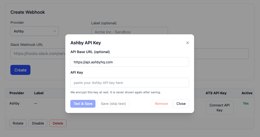 SwiftLynx connect Ashby API key modal
