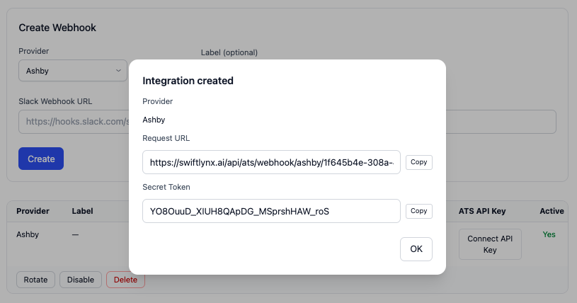SwiftLynx Integration created modal with Request URL and Secret