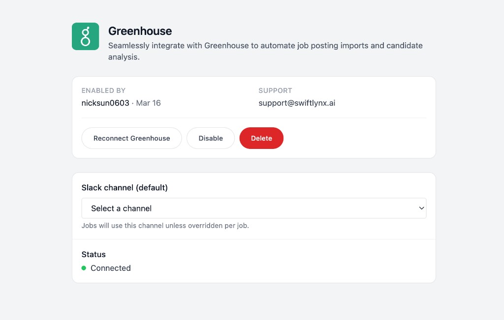 Greenhouse integration detail page after authorization: Connected status, Slack channel, Reconnect/Disable/Delete