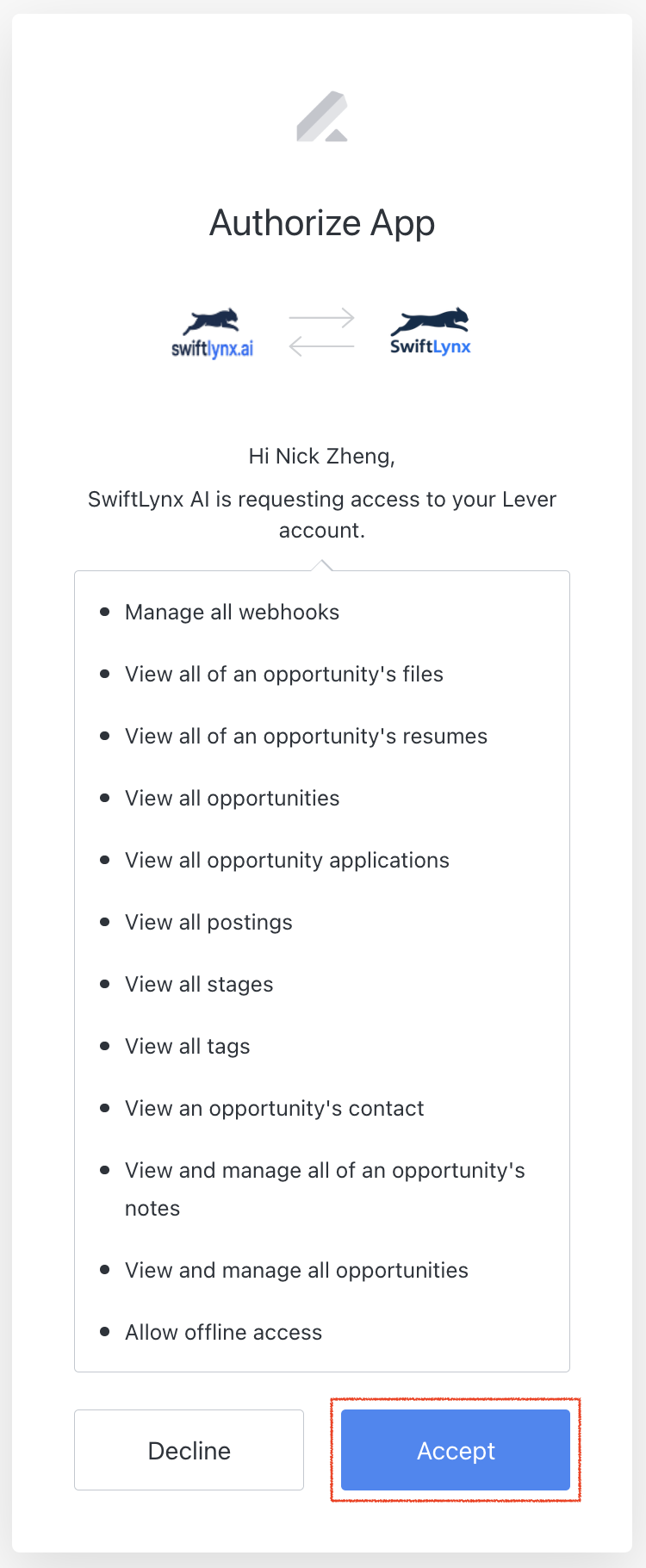 Lever authorization page showing permissions and Accept button