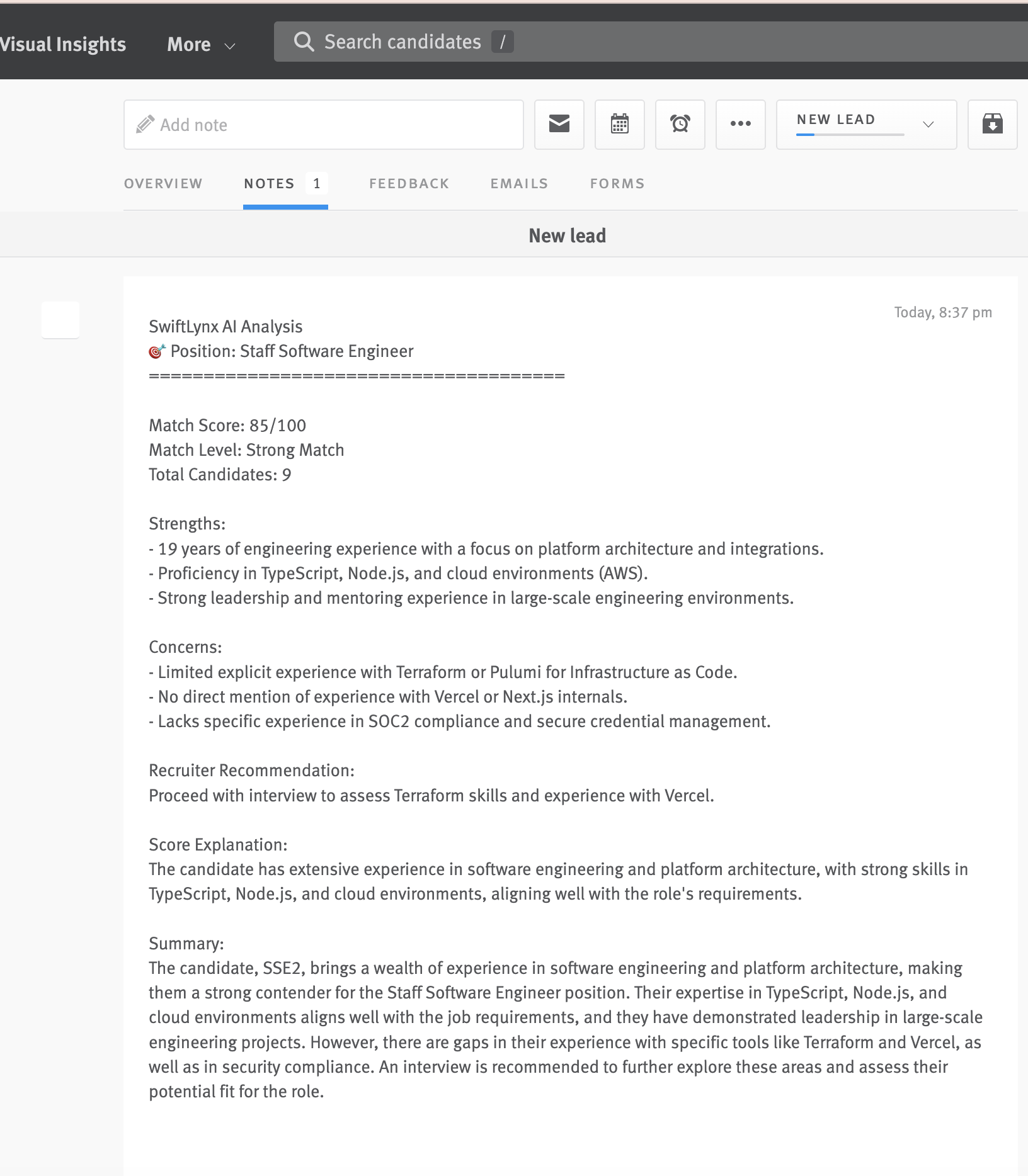 Lever candidate profile showing SwiftLynx AI Analysis note