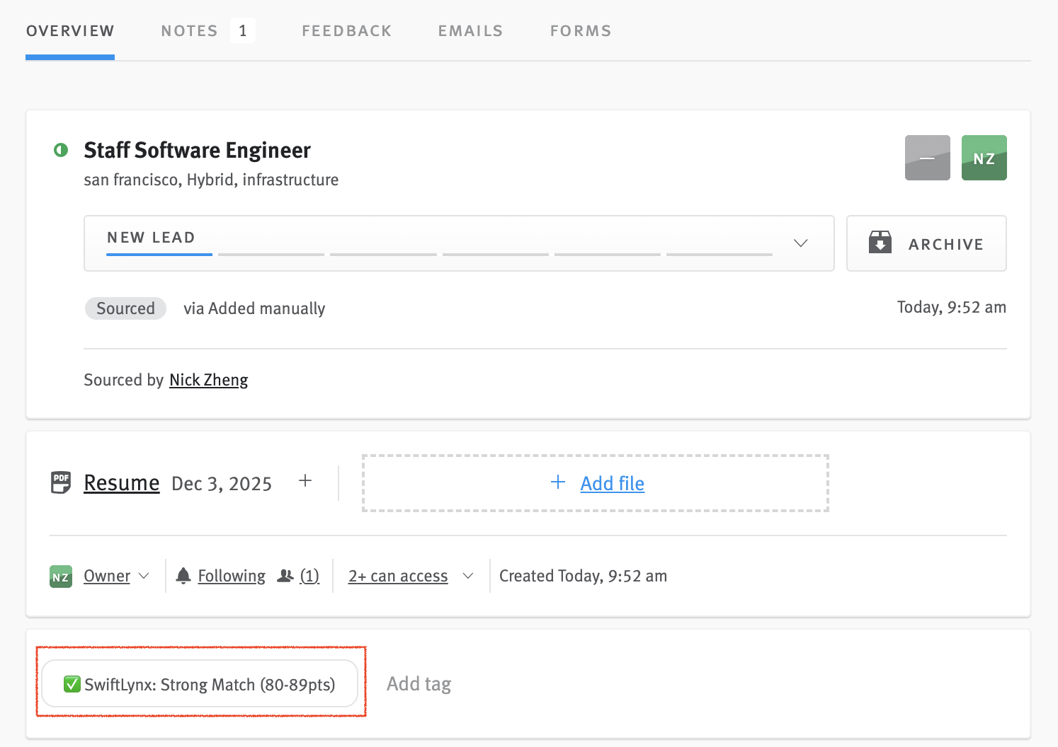 Lever candidate profile showing match score tag