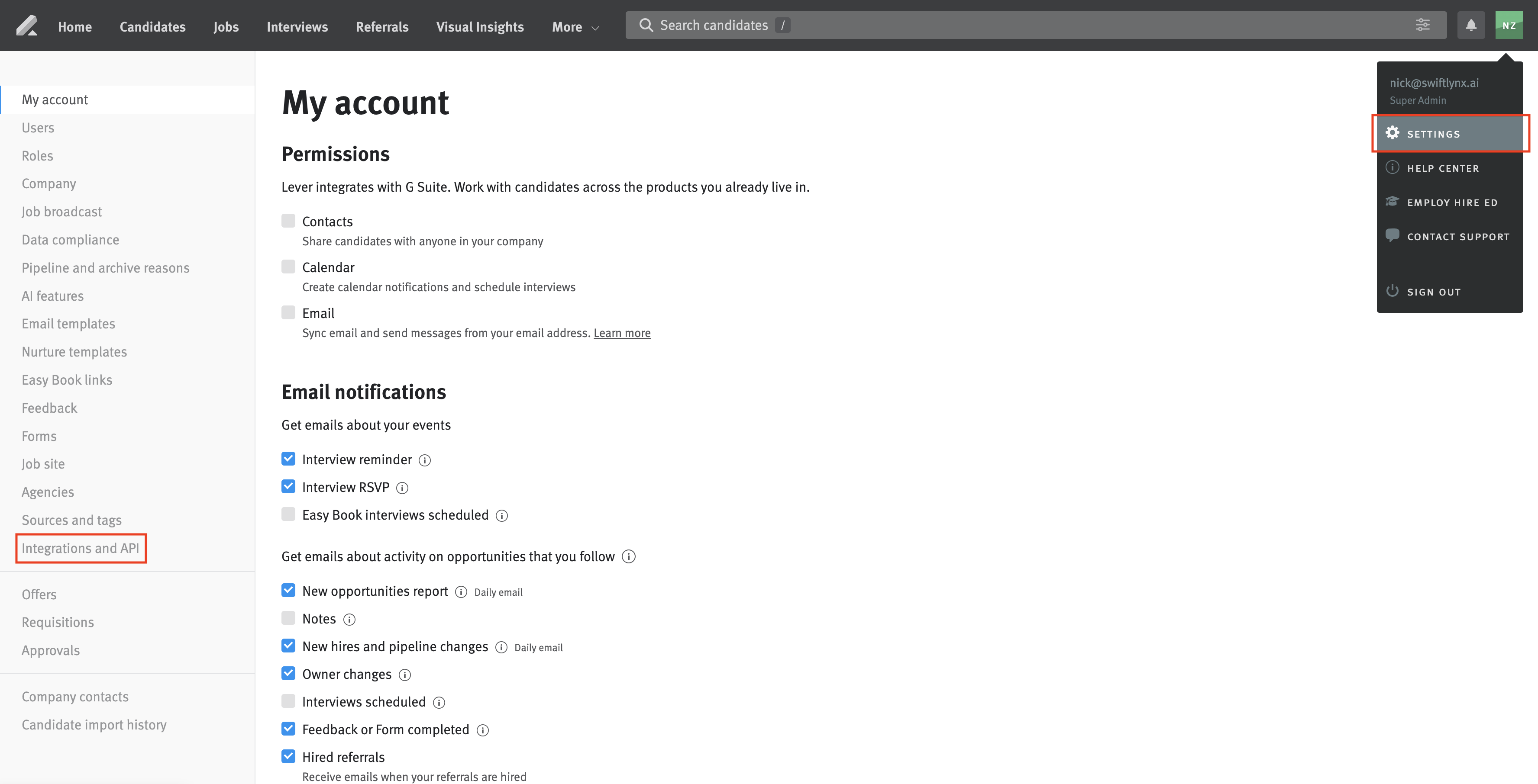 Lever Settings page showing Integrations menu