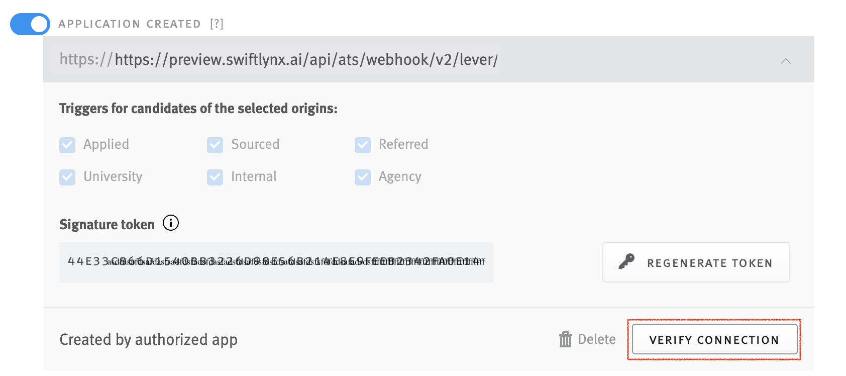 Lever webhook configuration page with VERIFY CONNECTION button