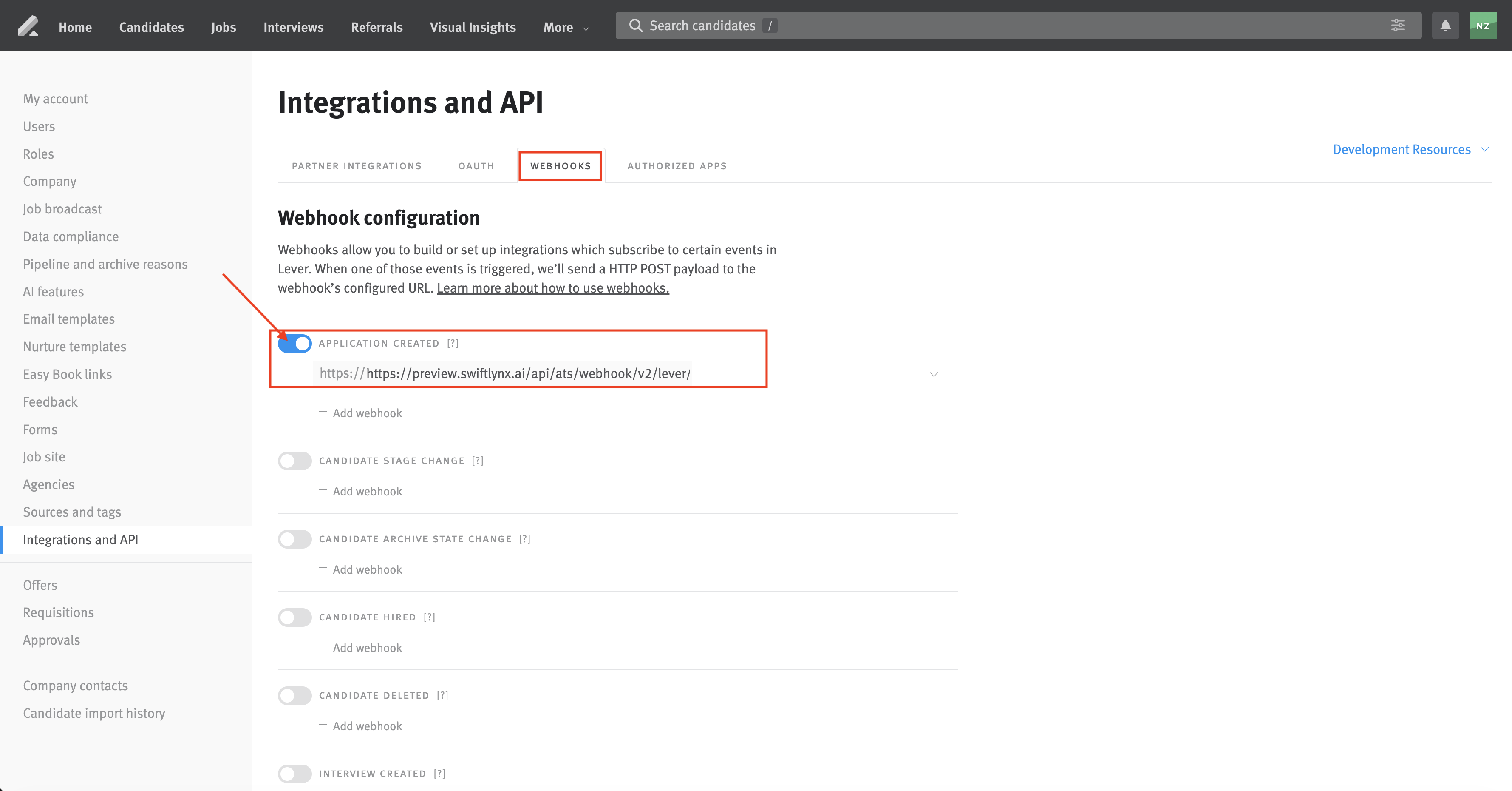 Lever Webhooks page showing APPLICATION CREATED event with webhook configured