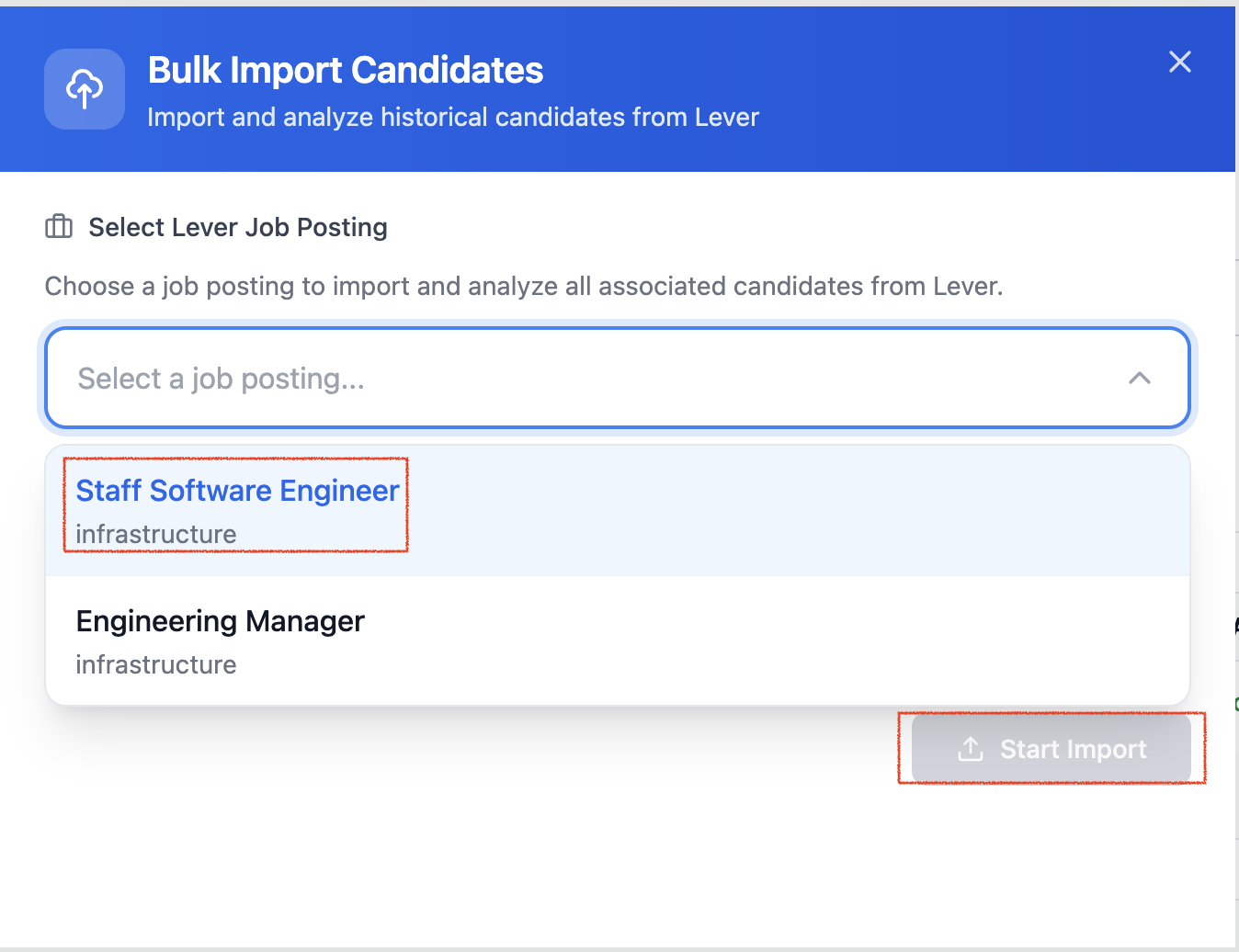 Bulk Import modal showing job selection and Start Import button