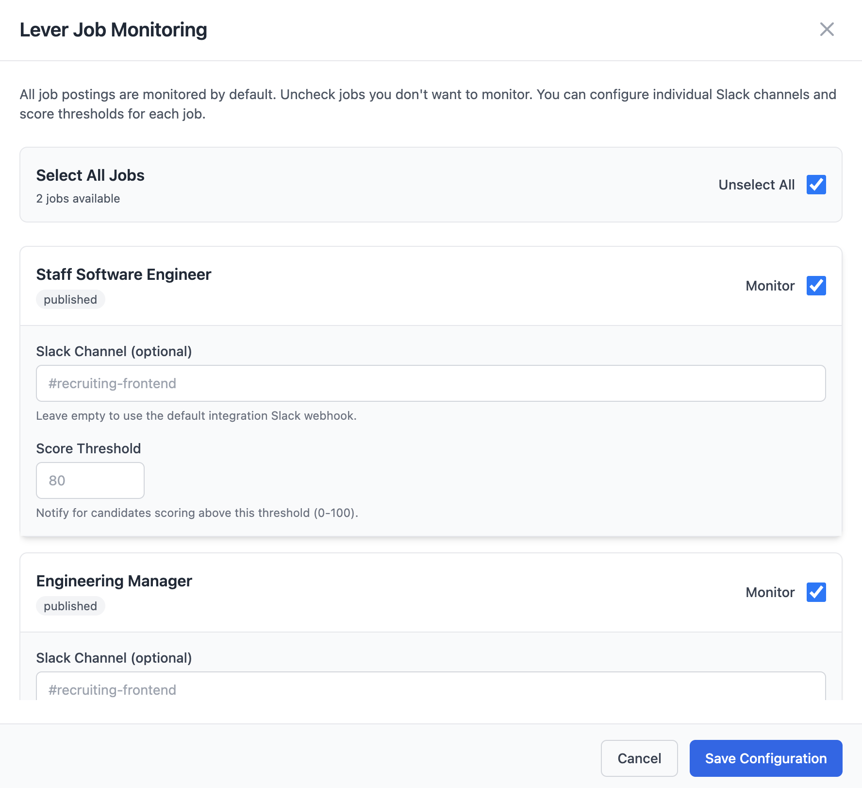 Lever Job Monitoring configuration modal